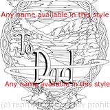 Mountain landscape colouring card example, any name can be instead of Dad , colour and send or send to be coloured