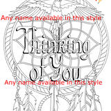 THINKING OF YOU  or any name. Example of colouring card of raven and feathers. Colour and send or send to be coloured.