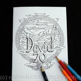  DAVID 70 example of bespoke colouring card. Any number, any name. colour and send or send to be coloured. Purchase on pay-pal and state name and number.