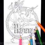 Fairy and unicorn colouring in card with NANNY woven into the design. Any name can be woven into the design in this way. Colour to send or send to be coloured.