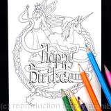 Fairy and unicorn colouring in card with HAPPY BIRTHDAY woven into the design. Any name can be woven into the design in this way. Colour to send or send to be coloured.