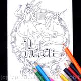 Fairy and unicorn butterflies (with HELEN as an example name). Any name can be woven into this design for you on this unique card.