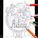 Dragon knight on horseback colouring in card (with ADAM as an example name), any name can be woven into this unique design for you.
