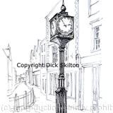 Whitchurch town clock print of a pen drawing by Dick Skilton, on 6 by 4 inch white greeting card with envelope. postcards and prints available.
