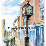 Whitchurch Town clock watercolour on 6 by 4 inch white greeting card with envelope in cello bag. Prints and postcards available.