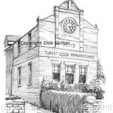 Whitchurch Turret clock Manufacturers Joyce Building pen drawing, printed on a white 6 by 4 greeting card with envelope in a cello bag. 
