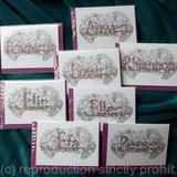 Elin, Ellen, Lowri, Rhiannon, Reese, Anwen, Efa, and Branwen. several Examples of name art design cards at £2.50 each . Each name individually woven within a design of a fairy, unicorn castle etc.