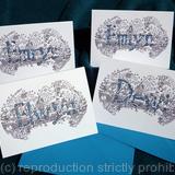 Elwyn, Dewi, Emrys, and Emlyn as examples of name design cards. These are sold as a single 6 by 4 inch card for £2.50 each. Please contact me for multiple cards and names to save postage.