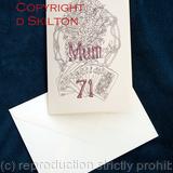 MUM 71 card with flowers and bridge hand and gardening tools example of a bespoke design as a card. You might want Susan, 84 , football., ice skates and we can do this for you as a card design in a similar style. Cost around £5 including postage in UK 