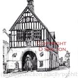Bridgnorth Town Hall black and white drawing as a greeting card or bespoke notelet. Prints and postcards available.