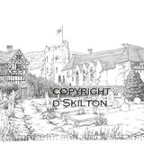 Stokesay castle pen drawing with path as a greeting card, or bespoke notelet. Prints and postcards available.