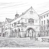 SHREWSBURY old market hall pencil and pen as a signed print on watercolour paper, unmounted.