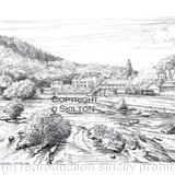 Llangollen station and the river Dee from the bridge as a signed laser print in a 7 by 9 inch mount.