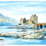  Eilean Donan castle winter watercolour as a greeting card or bespoke notelet. Prints and postcards available.
