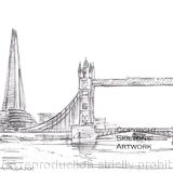 London Shard and Tower Bridge pencil, printed as a greeting card image. Prints and postcards available.