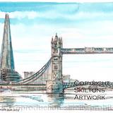 London shard tower bridge watercolour daytime as a greeting card or bespoke notelet. Prints and postcards available.