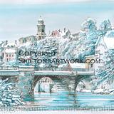 120 Bridgnorth North side of the bridge in snow, blank inside 6 by 4 inch ivory card.