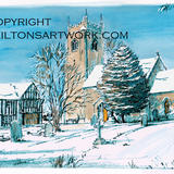 Highley church (from gaveyard) in snow as a blank card. Ideal christmas card. Prints and postcards available.