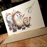 43 Leaving with paper plane. Fun hedgehog collection as 6 by 4 cards with brown recycled envelope.