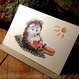 Skillipigs Collection No. 49 The sunbather. One of the fun hedgehog designs as 6 by 4 cards. These can have HAPPY BIRTHDAY or anything else on it in stick writing. prints and other size cards available.