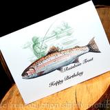 RAINBOW TROUT, HAPPY BIRTHDAY card. This is one of my 'Gone Fishing collection' a 5 by 7 inch card with envelope in cello bag. 