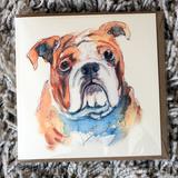 English Bulldog Pawtrait as a 6 by 6 inch card. signed prints also available in a 7 by 9 inch mount.