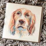 English Cocker Spaniel card 6 by 6 inches square with brown recycled envelope. signed prints mounted in 7 by 9 inch mount available. 