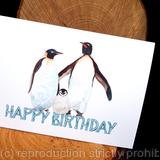 penguin card 4. Happy Birthday. Two adults one baby. greeting card 5 by 7 inches.