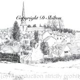 Cleobury Mortimer village and church b & w as a 6 by 4  greeting card. prints available.