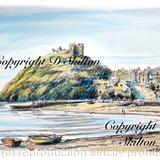 Criccieth castle pencil pen and watercolour as a signed mounted laser print. Mount 7 by 9 inches to fit a standard frame. Cards and original available.
