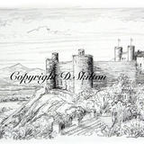 Harlech castle N wales as  pencil and pen drawing printed on a 6 by 4 inch greeting card. Prints available.