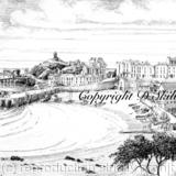 Tenby Harbour pencil and pen drawing. Signed print mounted in a 7 by 9 inch standard mount.