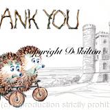 Broadway tower with skillipgs ( hedgehogs on bikes) card image . Card 6 by 4 inches ivory with recycled brown envelope.