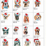 Dog card images with Christmas hats. 6 by 6 inch cards with brown recycled envelope. These can Have HAPPY CHRISTMAS on in stick writing if you ask.