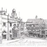 Ludlow Buttercross with the black and white shops pen and pencil drawing. Print signed on A4 watercolour paper, unmounted.