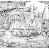 Ironbridge composite picture of places around. Black and white pen drawing as a print signed on A4 watercolour paper unmounted