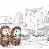 Skillipigs go to Tewkesbury! 6 by 4 inch card design with brown recycled envelope.