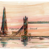 London the shard and tower bridge sunset printed a a 6 by 4 inch card. Prints available.