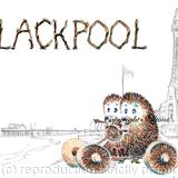 Blackpool skillipigs ( hedgehogs) in a car. Greeting card printed on 6 by 4 inch ivory card with brown recycled envelope. 