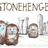 Stonehenge with visiting skillipigs and a druid skillipig. Printed as a greeting 6 by 4 inch ivory greeting card with a brown recycled envelope.