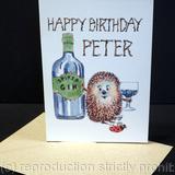 Gin Happy Birthday ( Peter, but any name available) Bespoke 6 by 4 Skillipig card, ivory card with recycled brown envelope. Other drinks and food available.spirit
