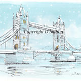 London Tower bridge winter scene card image. 6 by 4 inch white card with envelope. 