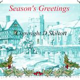 Stokesay Castle snow scene as a 6 by 4 inch Christmas card. Other greetings and personalisation available.