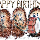 378 Marching band of Skillipigs HAPPY BIRTHDAY, 6 by 4 inch ivory card with brown recycled envelope, Any greeting available instead of Happy birthday.