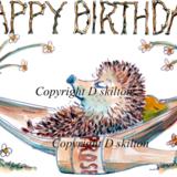 No. 354 HAPPY BIRTHDAY skillipig in a hammock with Prosecco bottle. 6 by 4 inch ivory card with brown recycled envelope.