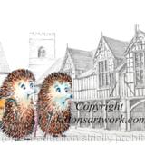 Much Wenlock with walking hedgehogs ( skillipigs) as a 6 by 4 inch ivory card with brown recycled envelope. Other skillipigs available!!