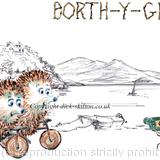 Skillipig Bikes at Borth y Gest. Skillipigs are my fun hedgehog images as a 6 by 4 inch ivory greeting card with brown recycled envelope. 