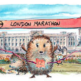 LONDON MARATHON Skillipigs race, Buckingham  Palace as a 6 by 4 inch ivory greeting card with brown recycled envelope.