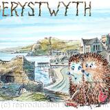 Aberystwyth with the skillipigs walking a caterpillar. 6 by 4 inch ivory greeting card with recycled brown envelope.