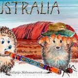 Australia with the Skillipigs. 6 by 4 inch ivory greeting card with brown recycled envelope. 